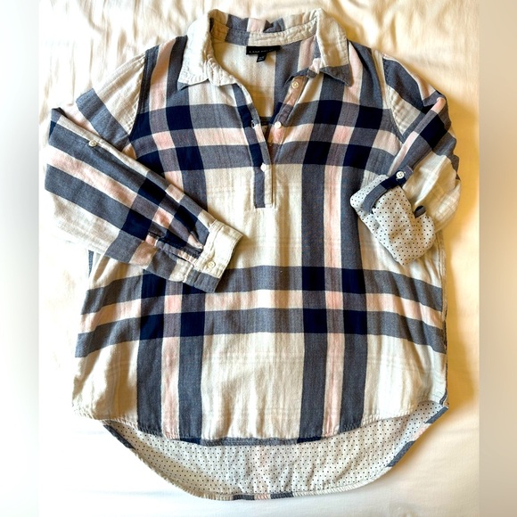 Large Plaid 3/4 sleeve Quarter button up oversized long sleeve - Picture 1 of 10